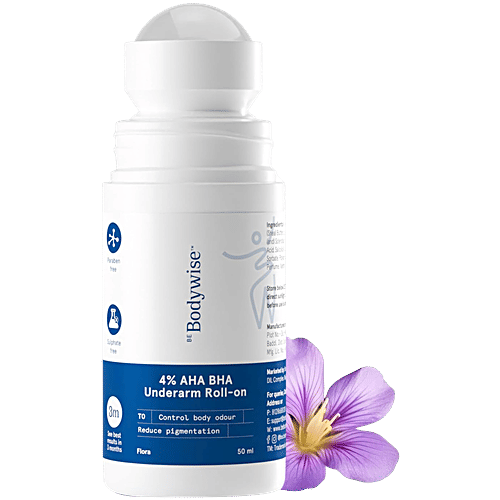 Bodywise 4% AHA BHA Underarm Roll On To Reduce Body Odour & Reduce Pigmentation - Flora, 50 ml  Sulphate Free, Paraben Free