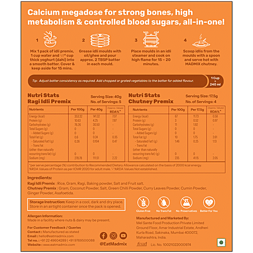 Madmix Fibre Rich Ragi Instant Idli Premix - With Free Chutney, 270 g Carton