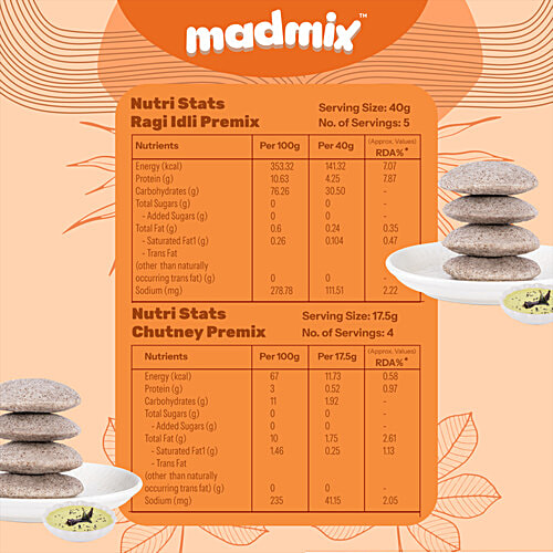 Madmix Fibre Rich Ragi Instant Idli Premix - With Free Chutney, 270 g Carton
