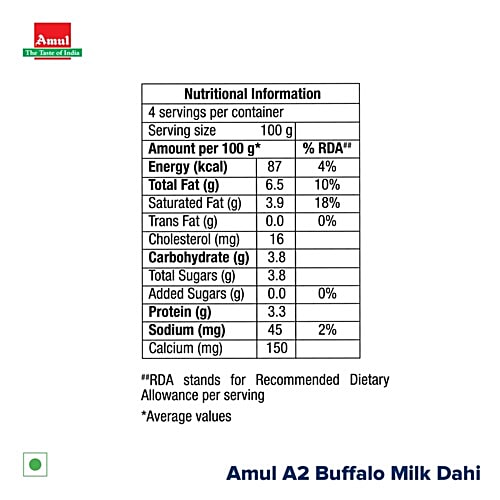 Amul A2 Buffalo Milk Dahi, 400 g  