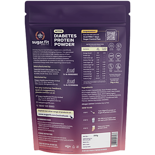Sugar.Fit Vanilla Flavour Active Diabetes Plant Protein Powder, 350 g Carton Easy To Digest, No Added Sugar, Helps Manage Sugar Levels & Weight