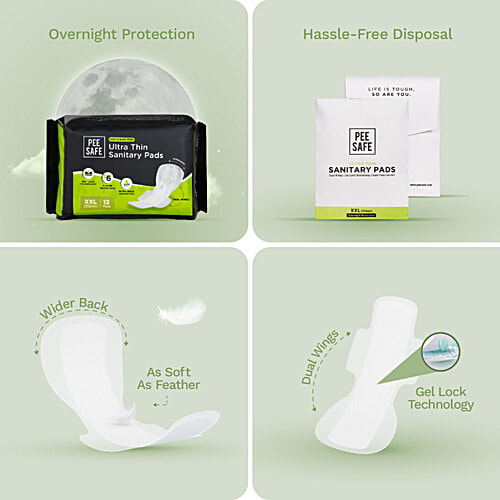 Pee Safe Ultra Thin Sanitary Pads - XXL, 12 pcs  Dual Wings, Gel Lock Technology, Rash Free Comfort, Wider Back, Super Absorbent, Toxins Free, FDA Approved