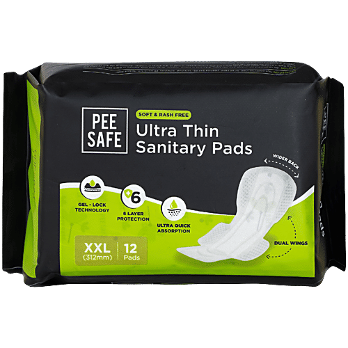 Pee Safe Ultra Thin Sanitary Pads - XXL, 12 pcs  Dual Wings, Gel Lock Technology, Rash Free Comfort, Wider Back, Super Absorbent, Toxins Free, FDA Approved