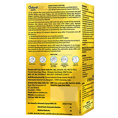 Odonil Exotic Automatic Spray - Gold Jasmine, 2x Long Lasting, 225 ml (Machine + 1 Refill) 2200 Sprays Guaranteed, Lasts up to 60 days
