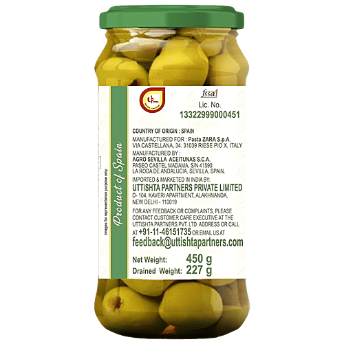 Pastazara Green Olives Pitted, 450 g Bottle 