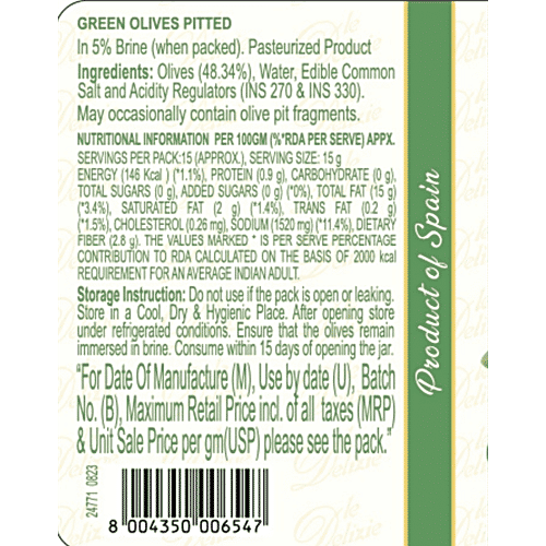 Pastazara Green Olives Pitted, 450 g Bottle 