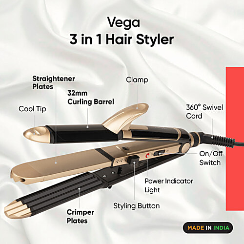 Vega 3 In 1 Straightener/Curler/Crimper Hair Styler - VHSCC-01, Gold & Black, 1 pc  