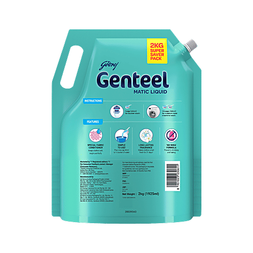 Genteel Matic Liquid Detergent Refill For Front Load Washing, 2 kg Pouch Shine like new
 Front load