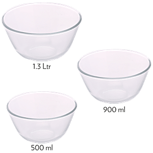Borosil Glass Mixing Bowl with lid - Set of 3 (500 ML + 900 ML + 1.3L) Oven  and Microwave Safe