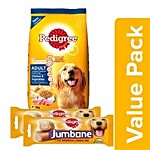 Pedigree Daily Food for Adult Dogs Meat & Rice 3 kg + Jumbone Treat Chicken & Rice 200G Combo 2 Items