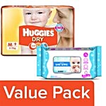 bb Combo Huggies Dry Diapers Medium (5-11kg) 9pcs + Bigbasket Baby Wipes Sea Breeze 80pcs Combo