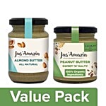 Jus Amazin Almond Butter- All Natural 125G+Peanut Butter-Sweet N Salty with Crunch 200G Jar Combo 2 Items