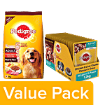 Pedigree Dry Meat & Rice 3kg+Wet Chicken & Liver Chunks in Gravy 70gx15 Packs (For Adult) Combo 2 Items