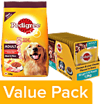 Pedigree Dry Meat & Rice 1.2 kg+Wet Chicken & Liver Chunks 70gx15 Packs (For Adult Dogs) Combo 2 Items