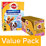 Pedigree Oral Care Dentastix 10-25kg Dogs, 720 g+Wet Chicken Chunks (Puppy) 80 g 15 Packs Combo 2 Items