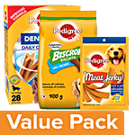 Pedigree Dentastix 720g + Meat Jerky Stix 960g + Biscrok Dog Treat Above 4 months 500g Combo (3 Items)