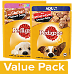 Pedigree Wet Dog Food ChickenChunks In Gravy for Puppy+Liver Chunks AdultDogs(15x70geach) Combo 2 Items