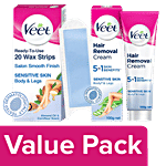 Veet Veet Hair Removal Cream 100 g + Full Body Waxing Kit, 20s for Sensitive Skin Combo 2 Items