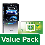 bb Combo Durex Extra Time Condoms 10 pcs + Dettol Skin & Surface Wipes, Original 40 pcs Combo 2 Items