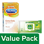 bb Combo Durex Extra Dots Condoms 10 pcs + Dettol Skin & Surface Wipes, Original 40 pcs Combo 2 Items