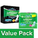 Whisper  Sanitary Pads - Ultra Clean For Women, XL+ 50pcs + Ultra Nights XXXL Wings 20pcs Combo 2 Items