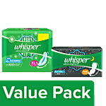 Whisper  Sanitary Pads- Ultra Clean For Women, XL+ 50pcs + Ultra Nights, XXXL Wings 10pcs Combo 2 Items