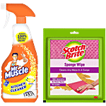 bb Combo Mr Muscle Kitchen Cleaner, Lemon 450 ml + Scotch Brite Sponge Wipe, 1 pc Combo 2 Items