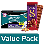 bb Combo Whisper Sanitary Maxi Nights XL,15pads+ Cadbury Dairy Milk Silk Fruit & Nut,129g Combo 2 Items