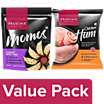 Prasuma Cheesy Spicy Veg Momos 500 g, 24 pcs + Chicken Ham, 200 g Combo (2 Items)