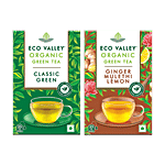 Eco Valley  Classic Green + Ginger Mulethi Lemon Organic Green Tea, 25 Bags x 1.7 g Each Combo (2 Items)