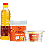Om Bhakti Pancha Deepa Oil 500 ml + Pure Camphor 75 pcs + Ghee Batti Big 30 pcs Combo (3 Items)