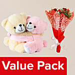 bb Combo Couple Bear - Pink/ Butter & Three Stem Red Rose Bouquet Combo 2 Items