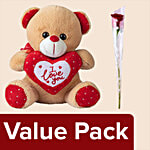 bb Combo Bear With "I Love You" Heart - Golden Brown & Fresho Rose Red Flower 1 pc Combo 2 Items