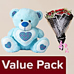 bb Combo Bear With Sparkle Heart - Blue & Ten Stem Red Rose Bouquet Combo 2 Items