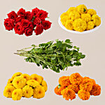 fresho! Chrysanthemum/Shevanti Flower, Marigold-Orange & Yellow, Cut Roses, Tulsi Leaves Combo (5 Items)