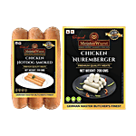 MeisterWurst Chicken Hotdog Sausage Smoked, Poultry Meat 85%, No Soya 200 g+ Chicken Nuremberger Sausage, Poultry Meat 80%, No Soya 200 g Combo (2 Items)