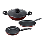 Prestige Omega Deluxe Non-Stick BYK Cookware Set, Maroon (30747/307472) 3 pcs (Tawa+Kadai+Fry Pan)