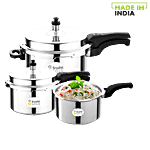 Srushti Gold Combo - Outer Lid Aluminum Pressure Cooker With Common Lid 3 pcs (5 L + 3 L + 2 L)