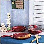 Wonderchef Induction Base Non-Stick Cookware Set - Red, Dosa Tawa 28 cm + Fry Pan 24 cm + Wok with Glass Lid 24 cm, Garnet Aluminium 4 pcs