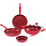 Wonderchef Royal Velvet Induction Base Non-Stick Cookware Set - Red, Fry Pan 24 cm (1.8 L) + Wok with Glass Lid 24 cm (2.7 L) + Dosa Tawa 24 cm + Mini Fry Pan 14 cm, Aluminium, 3 mm 4 pcs 