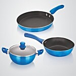 Nirlon Induction Base Non-Stick Cookware Set With Glass Lid - Blue 4 pcs (Tawa + Kadai + Frypan)
