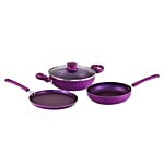 Classic Essentials Induction Base Non-Stick Cookware Set - Purple Broccoli, Tawa + Fry Pan + Kadhai + Glass Lid, Metallic 4 pcs