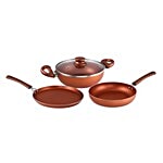 Classic Essentials Induction Base Non-Stick Cookware Set - Copper Pumpkin, Tawa + Fry Pan + Kadhai + Glass Lid, Metallic 4 pcs