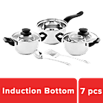 Classic Essentials Induction Base Cookware Set - Silver, Saucepan + 2 Casseroles + 2 Glass Lids + 2 Serving Tools, Stainless Steel 7 pcs 
