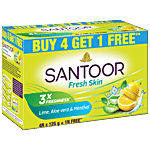 Santoor Lime & Aloe Vera Bathing Soap 125 g (Buy 4 Get 1 Free)