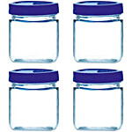 Yera Glass Jar - With Blue Lid, Square, Pantry/Cookie/Snacks 580 ml (Set of 4)