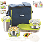Magnus Steel Lunch Box/Tiffin Set With Tumbler & Bag - Klip Lock 5 pcs