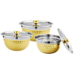 Vinayak Steel Storage Hammered Touch Bowl/Handi Set With Steel Lid - Gold Laquer Finish 3 pcs (900 ml + 1200 ml + 1500 ml)