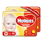Huggies Dry Diapers - M, 5-11 kg, Overnight Dryness, Quick Lock System, Air-Fresh Material 60 pcs (Pack of 2)