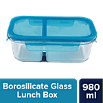 bb home Glass Lunch Box/Storage Borosilicate Container - With Compartment-Leak Proof, Blue 980 ml